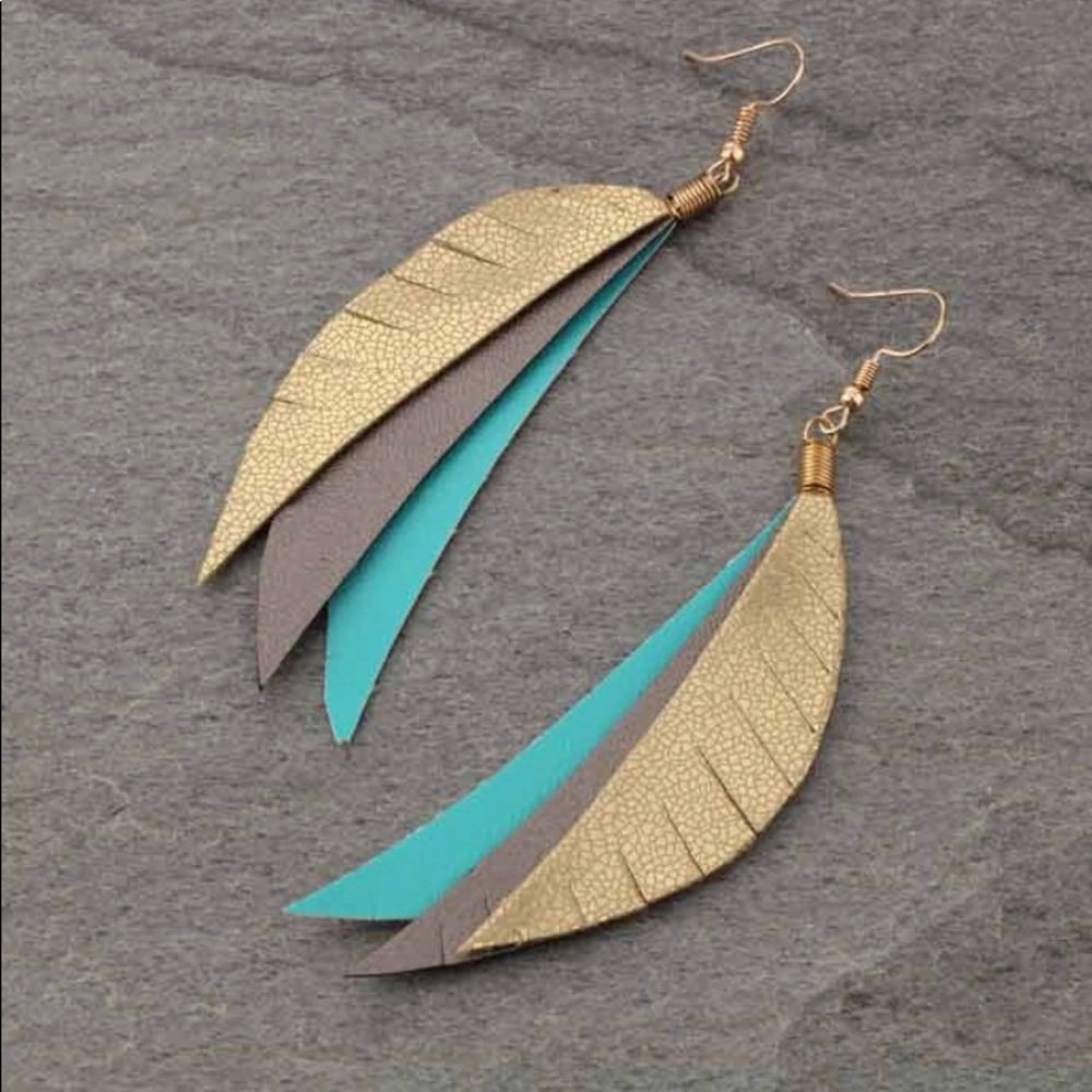 Leather Three Feathers Fish Hook Earrings